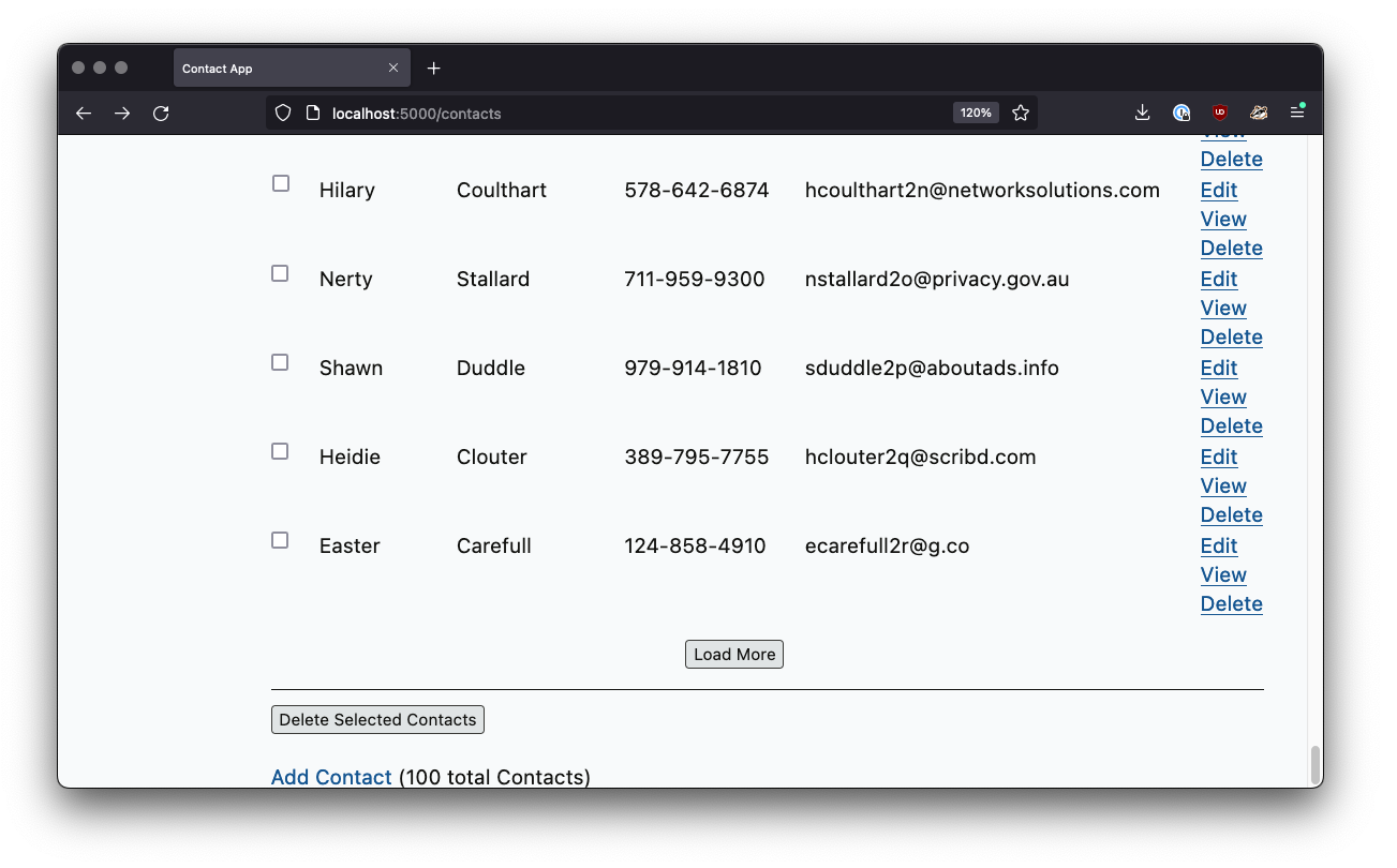 Кнопка в конце таблицы контактов: Загрузить больше
