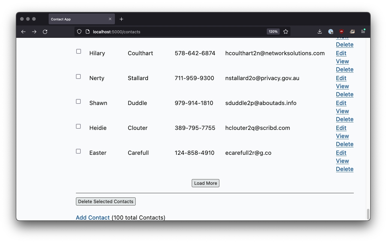 Кнопка в конце таблицы контактов: Загрузить больше