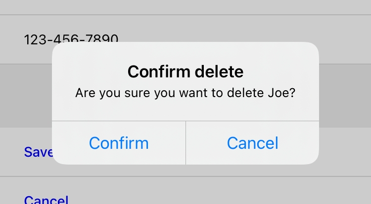 При удалении отображается встроенное диалоговое окно подтверждения.