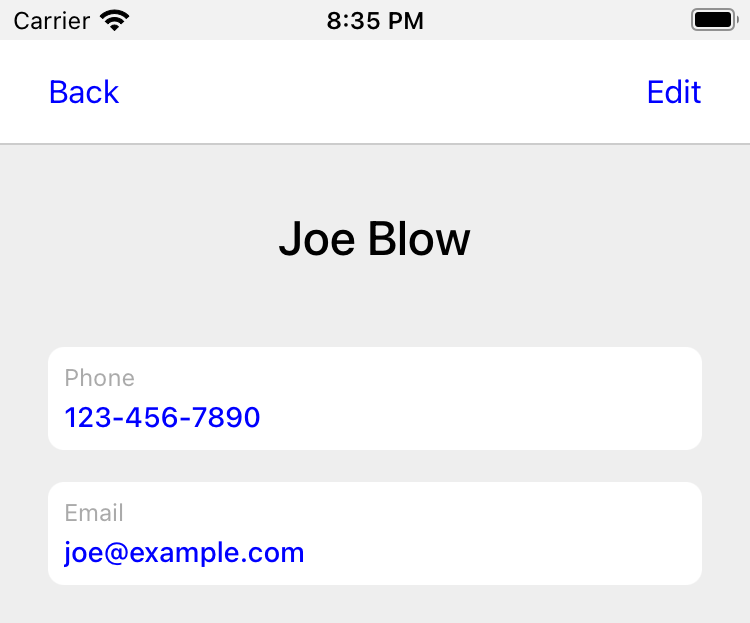 В сведениях о контакте показаны номер телефона и адрес электронной почты, а также кнопки «Назад» и «Изменить» на панели навигации.