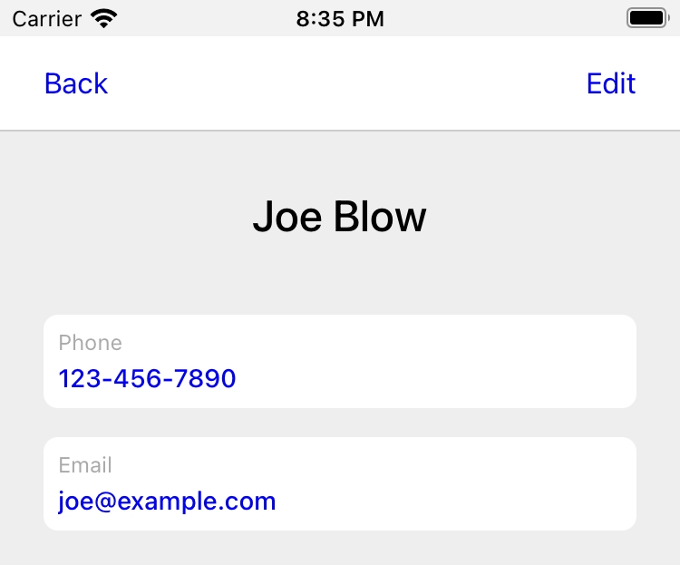 В сведениях о контакте показаны номер телефона и адрес электронной почты, а также кнопки «Назад» и «Изменить» на панели навигации.