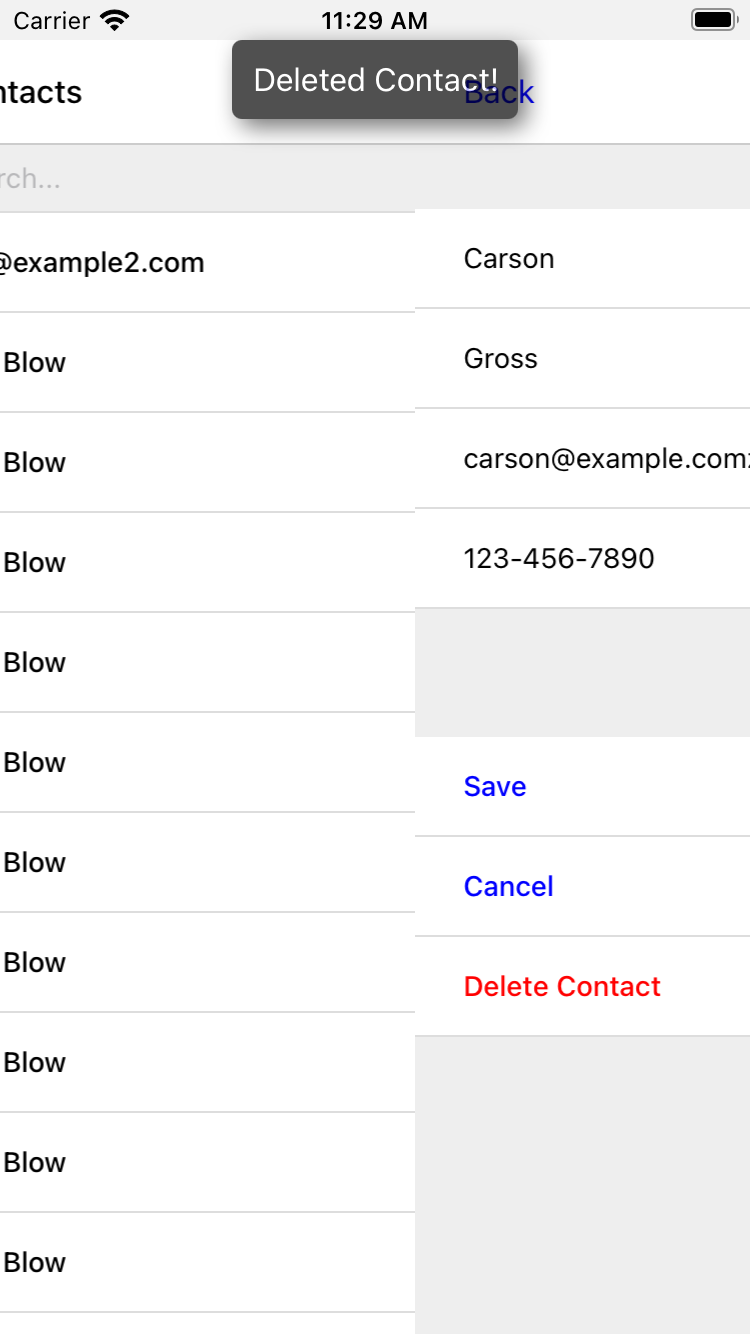 В верхней части экрана отображается маленькое серое поле: «Контакт удален!»