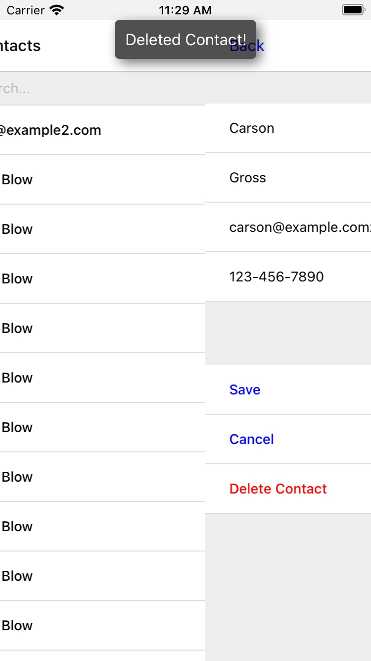 В верхней части экрана отображается маленькое серое поле: «Контакт удален!»