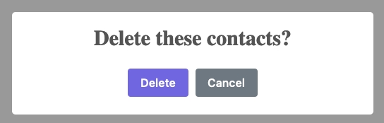 Модальный диалог: «Удалить эти контакты?»  с красочной кнопкой удаления и серой кнопкой отмены.