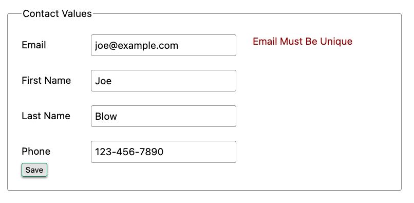 Красный текст рядом с адресом электронной почты в форме: адрес электронной почты должен быть уникальным.