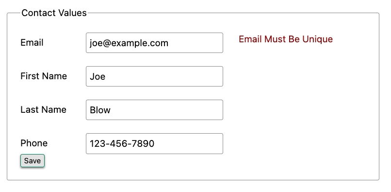 Красный текст рядом с адресом электронной почты в форме: адрес электронной почты должен быть уникальным.